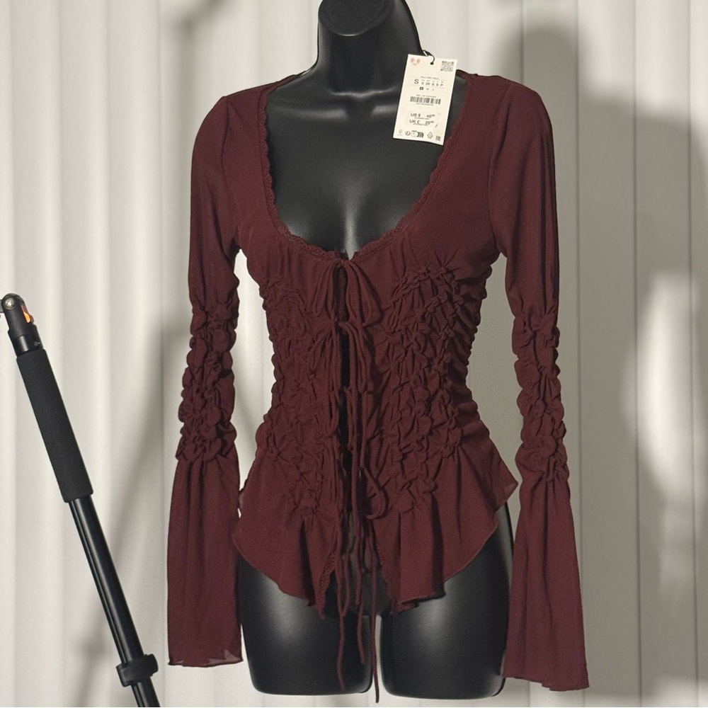 Zara Ruched Tie-Front Top – Burgundy (NWT)